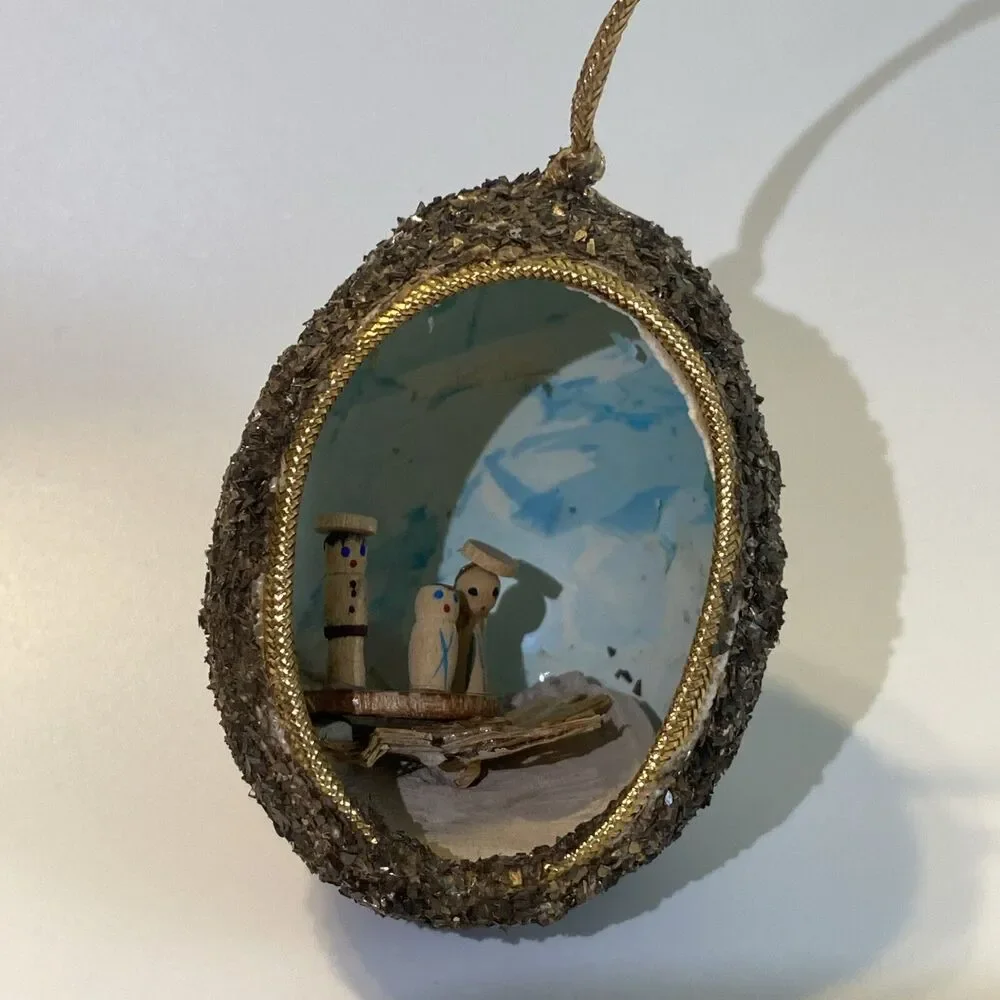 Vintage Diorama Christmas Egg Ornament Glitter Handmade Mary Joseph & Baby Jesus